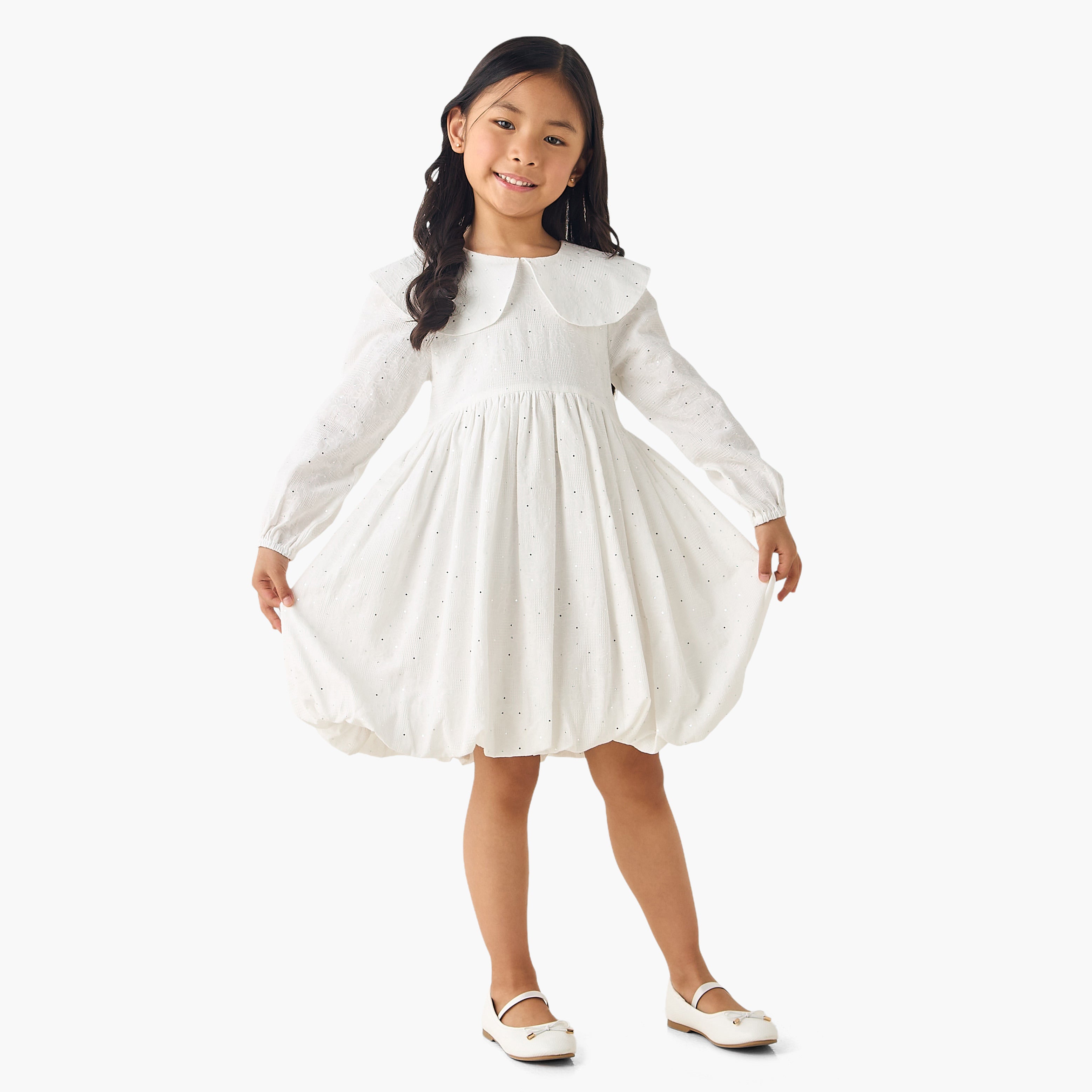 Juniors Peter Pan Collar Long Sleeves Balloon Dress with Embellished Detail