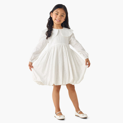Juniors Peter Pan Collar Long Sleeves Balloon Dress with Embellished Detail