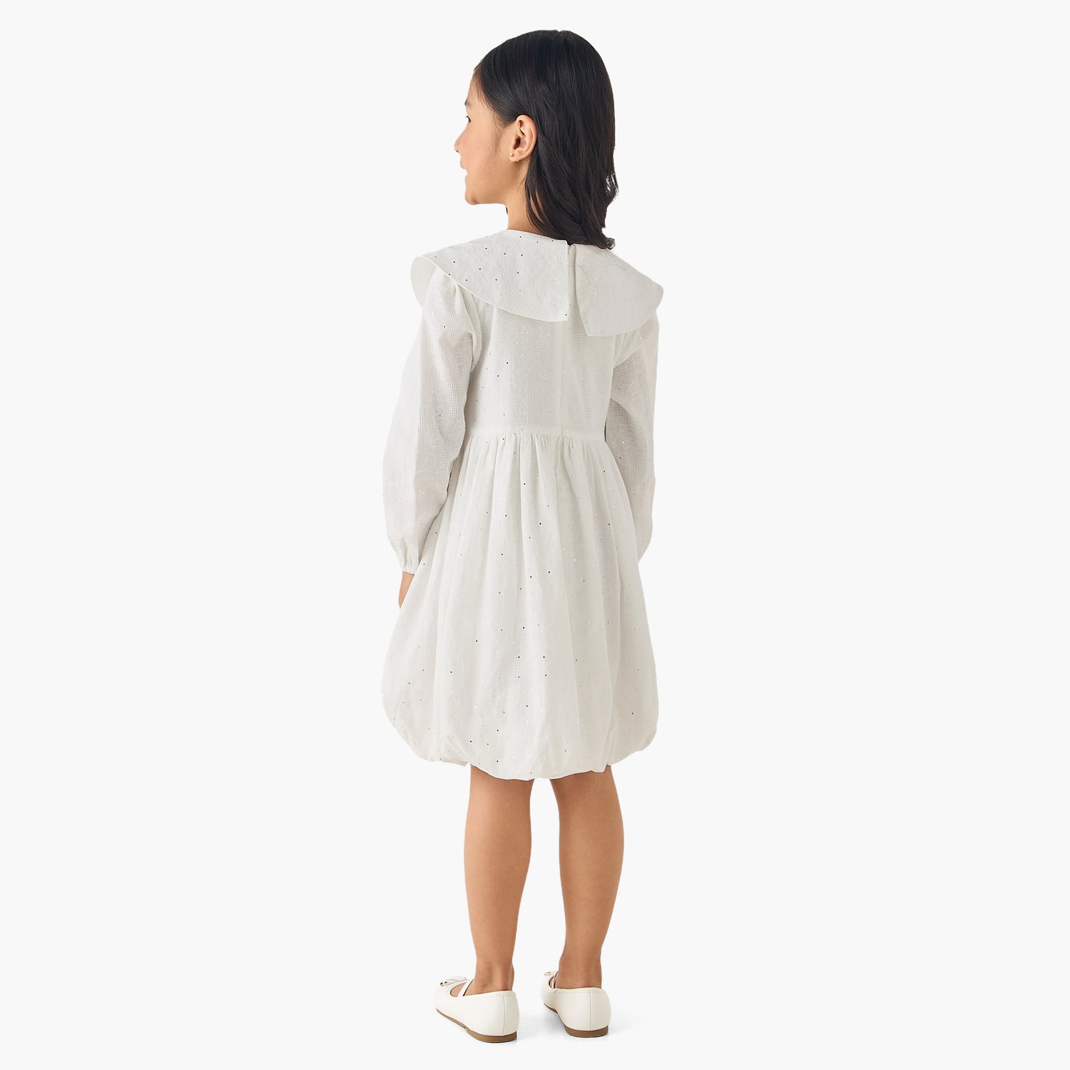 Juniors Peter Pan Collar Long Sleeves Balloon Dress with Embellished Detail