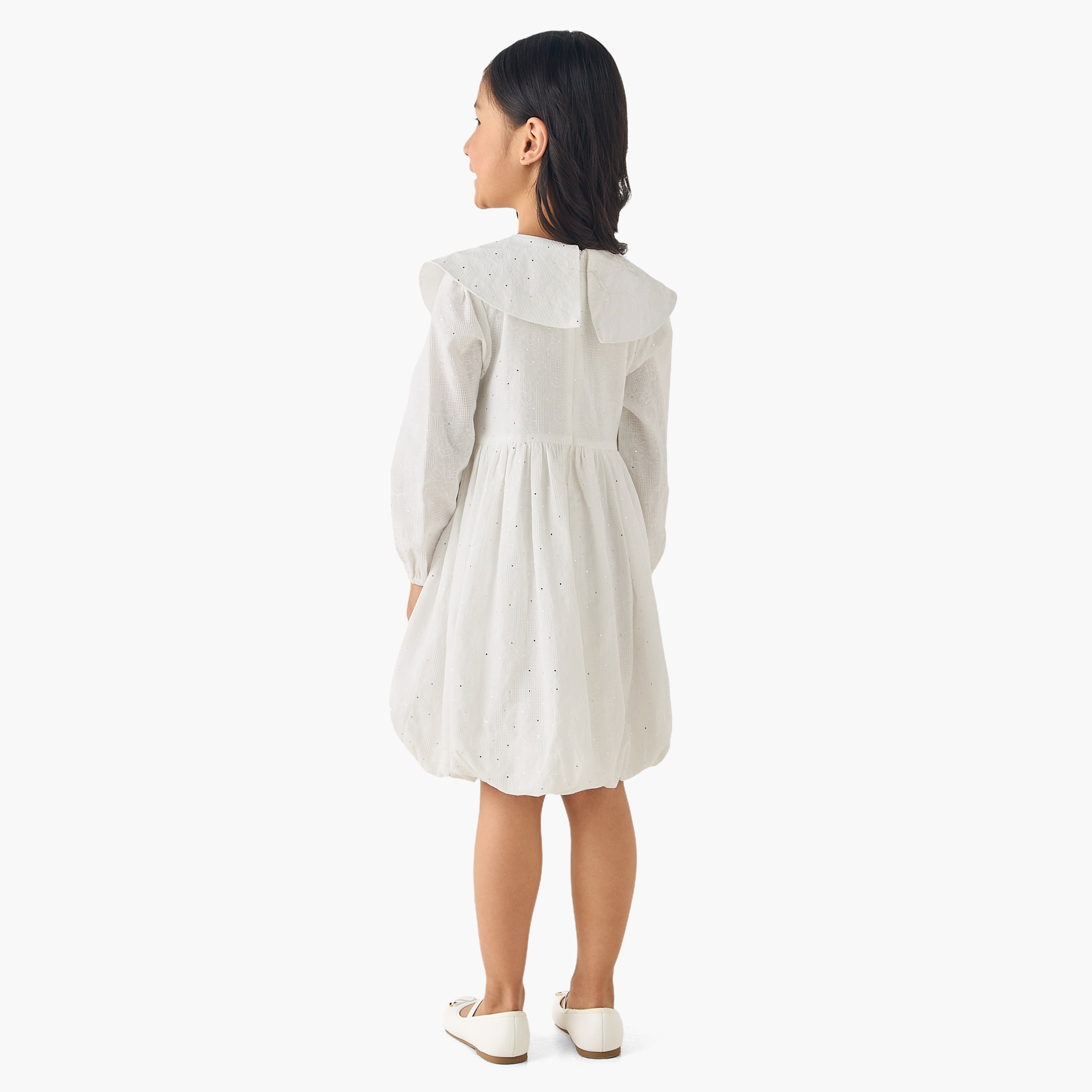 Juniors Peter Pan Collar Long Sleeves Balloon Dress with Embellished Detail