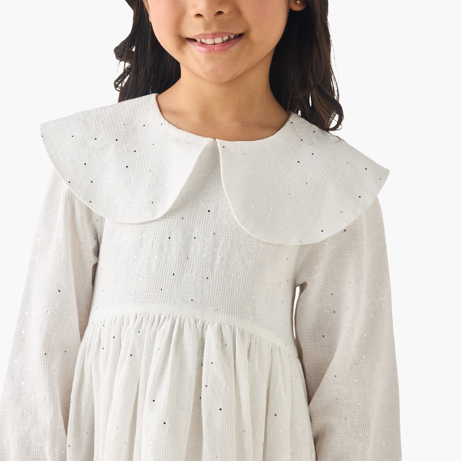 Juniors Peter Pan Collar Long Sleeves Balloon Dress with Embellished Detail