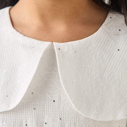 Juniors Peter Pan Collar Long Sleeves Balloon Dress with Embellished Detail