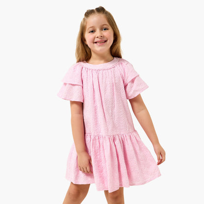 Juniors Round Neck Short Sleeves A-line Dress with Floral Embroidery - Pink / 1-2 yrs