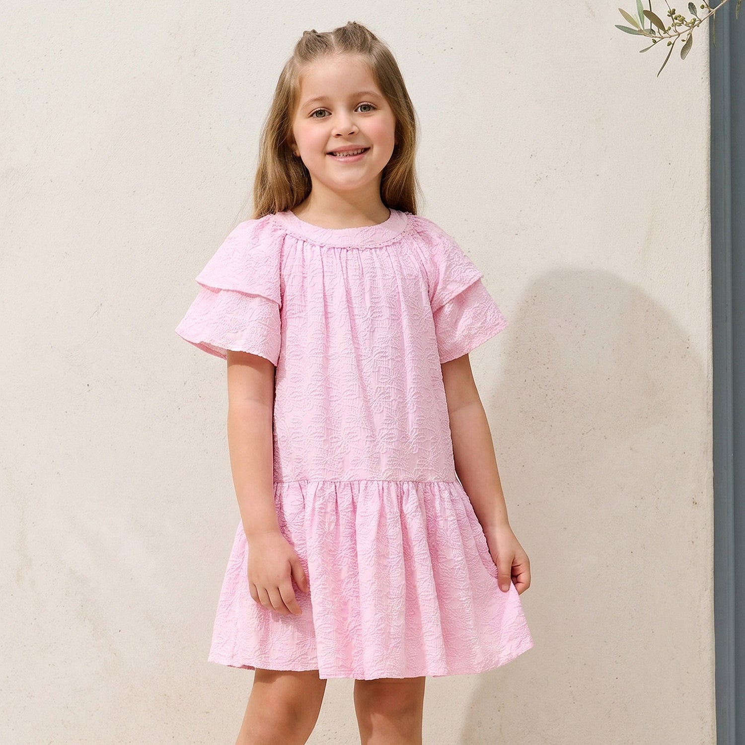 Juniors Round Neck Short Sleeves A-line Dress with Floral Embroidery - Pink / 3-4 yrs