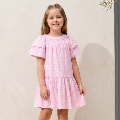 Juniors Round Neck Short Sleeves A-line Dress with Floral Embroidery - Pink / 3-4 yrs