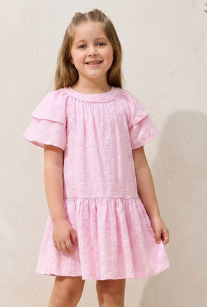 Juniors Round Neck Short Sleeves A-line Dress with Floral Embroidery
