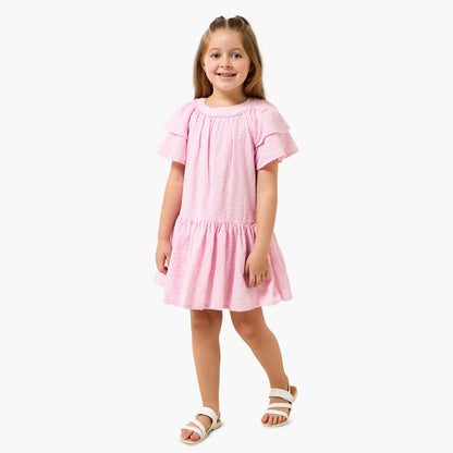Juniors Round Neck Short Sleeves A-line Dress with Floral Embroidery