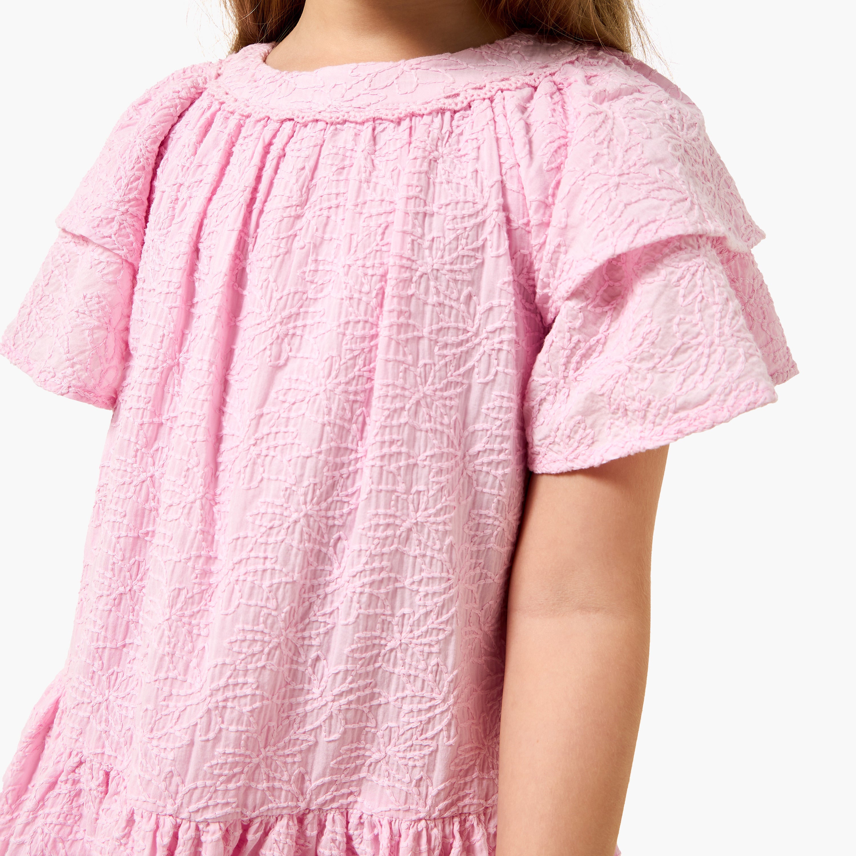 Juniors Round Neck Short Sleeves A-line Dress with Floral Embroidery