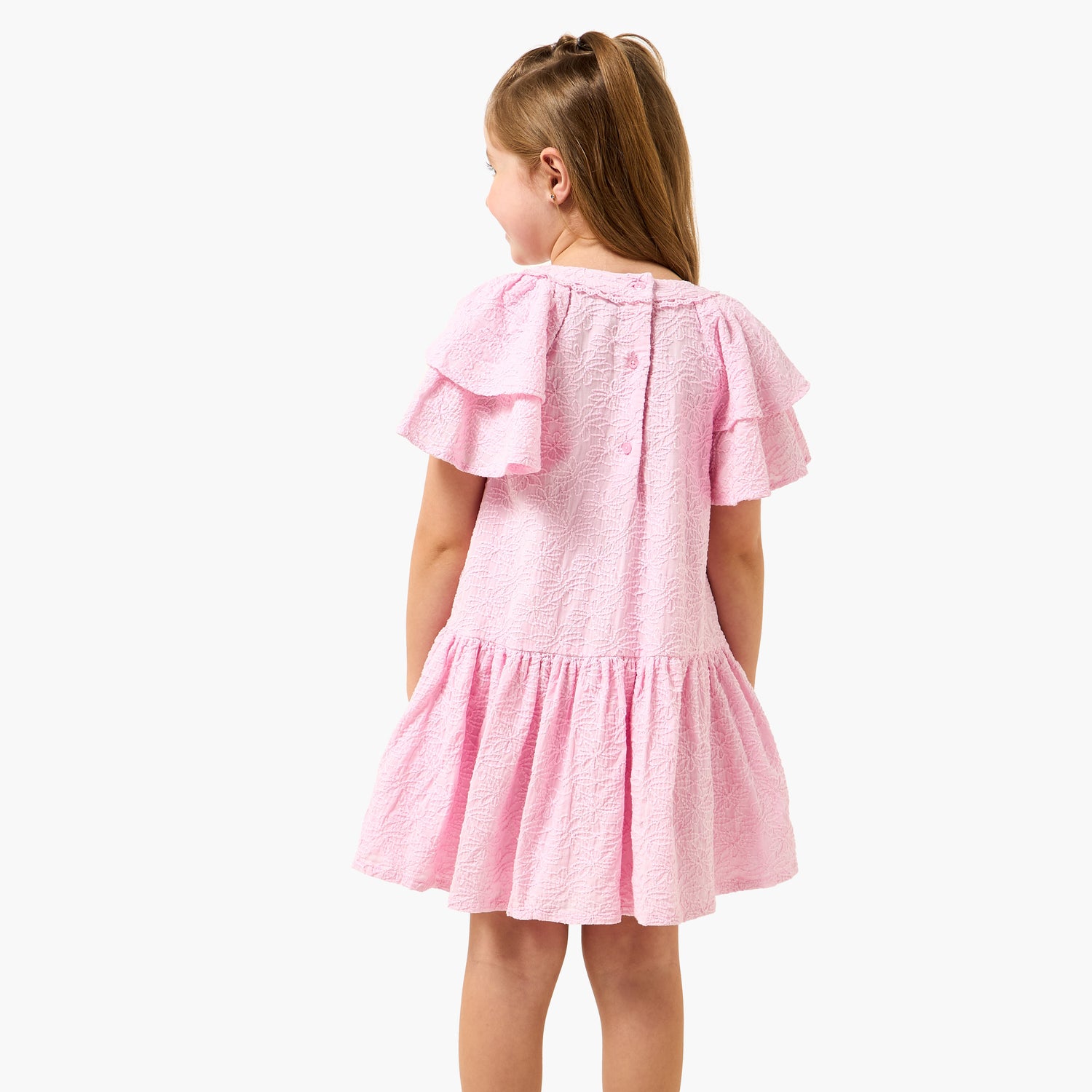 Juniors Round Neck Short Sleeves A-line Dress with Floral Embroidery