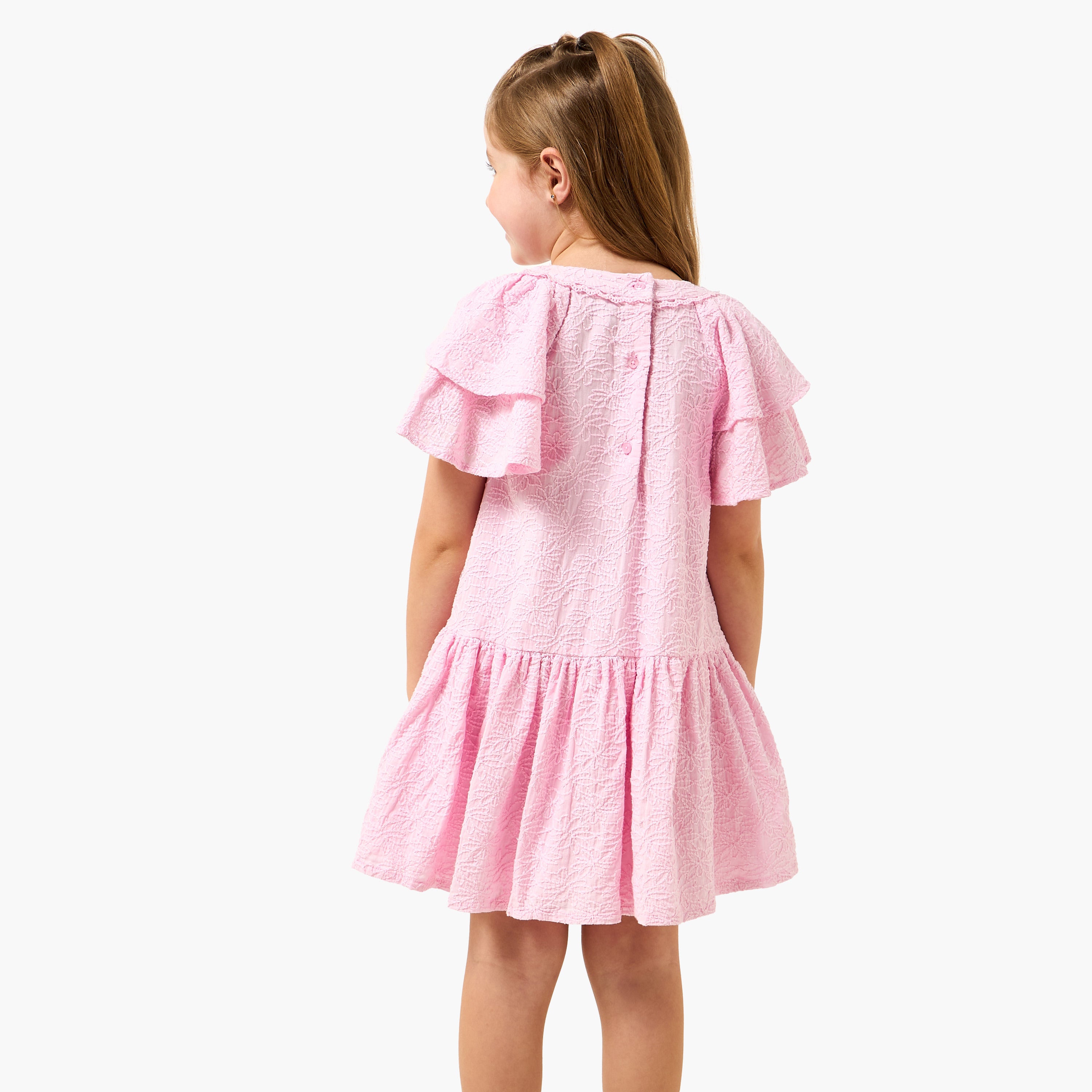Juniors Round Neck Short Sleeves A-line Dress with Floral Embroidery