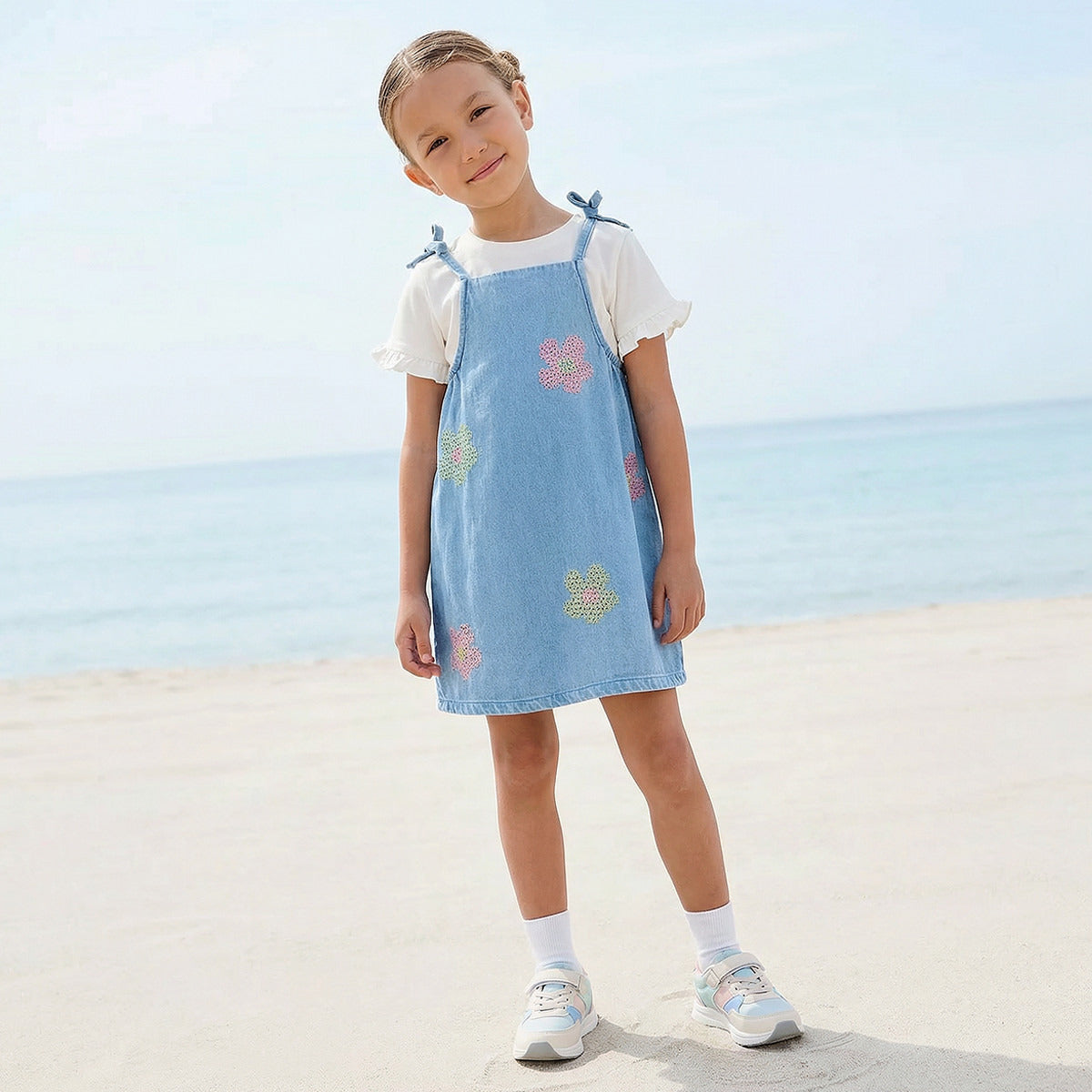 Juniors Round Neck Short Sleeves Pinafore with T-shirt