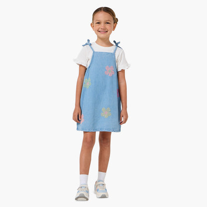 Juniors Round Neck Short Sleeves Pinafore with T-shirt
