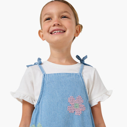 Juniors Round Neck Short Sleeves Pinafore with T-shirt