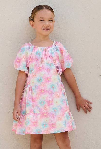 Juniors Round Neck Short Sleeves A-line Dress with Floral Print