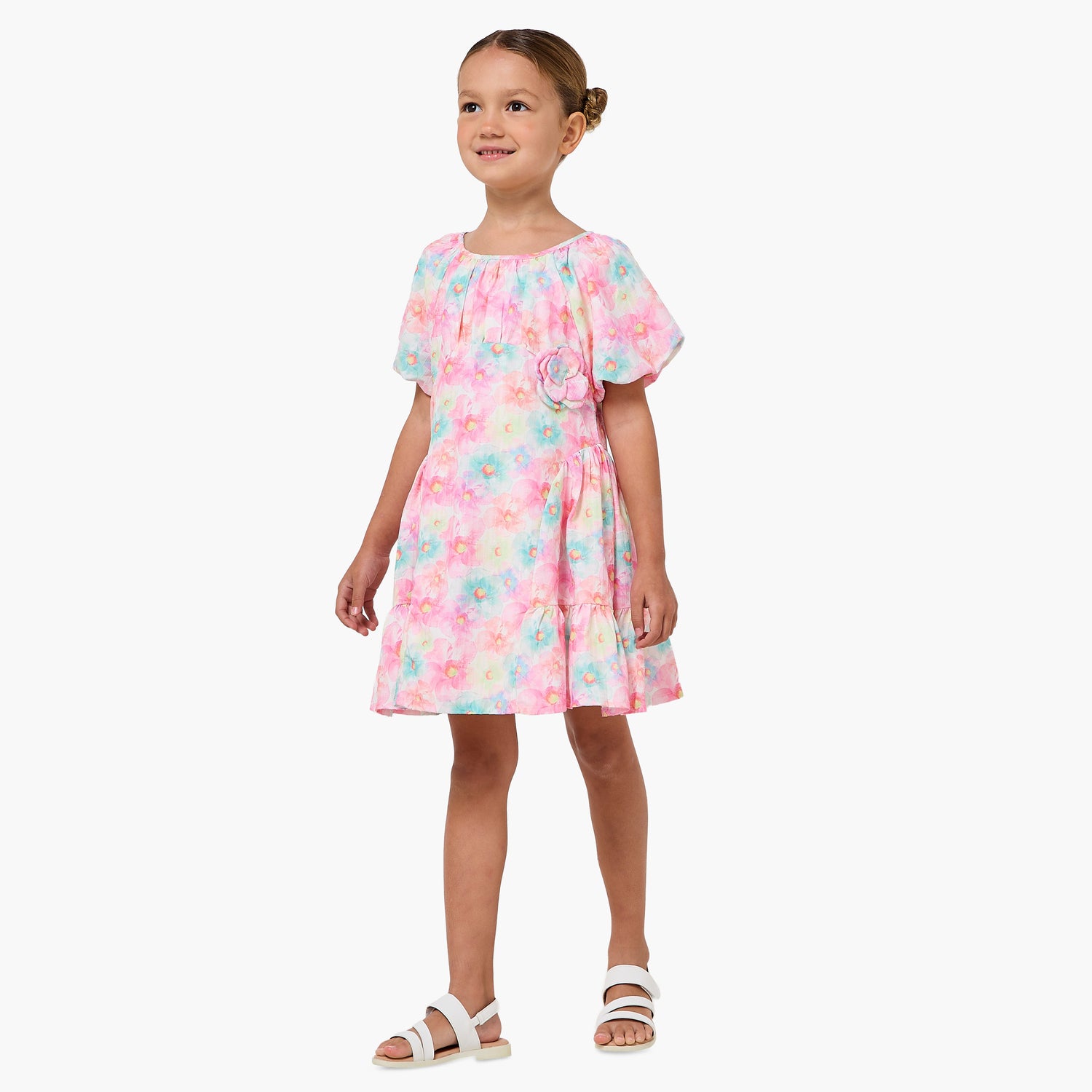 Juniors Round Neck Short Sleeves A-line Dress with Floral Print