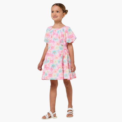 Juniors Round Neck Short Sleeves A-line Dress with Floral Print