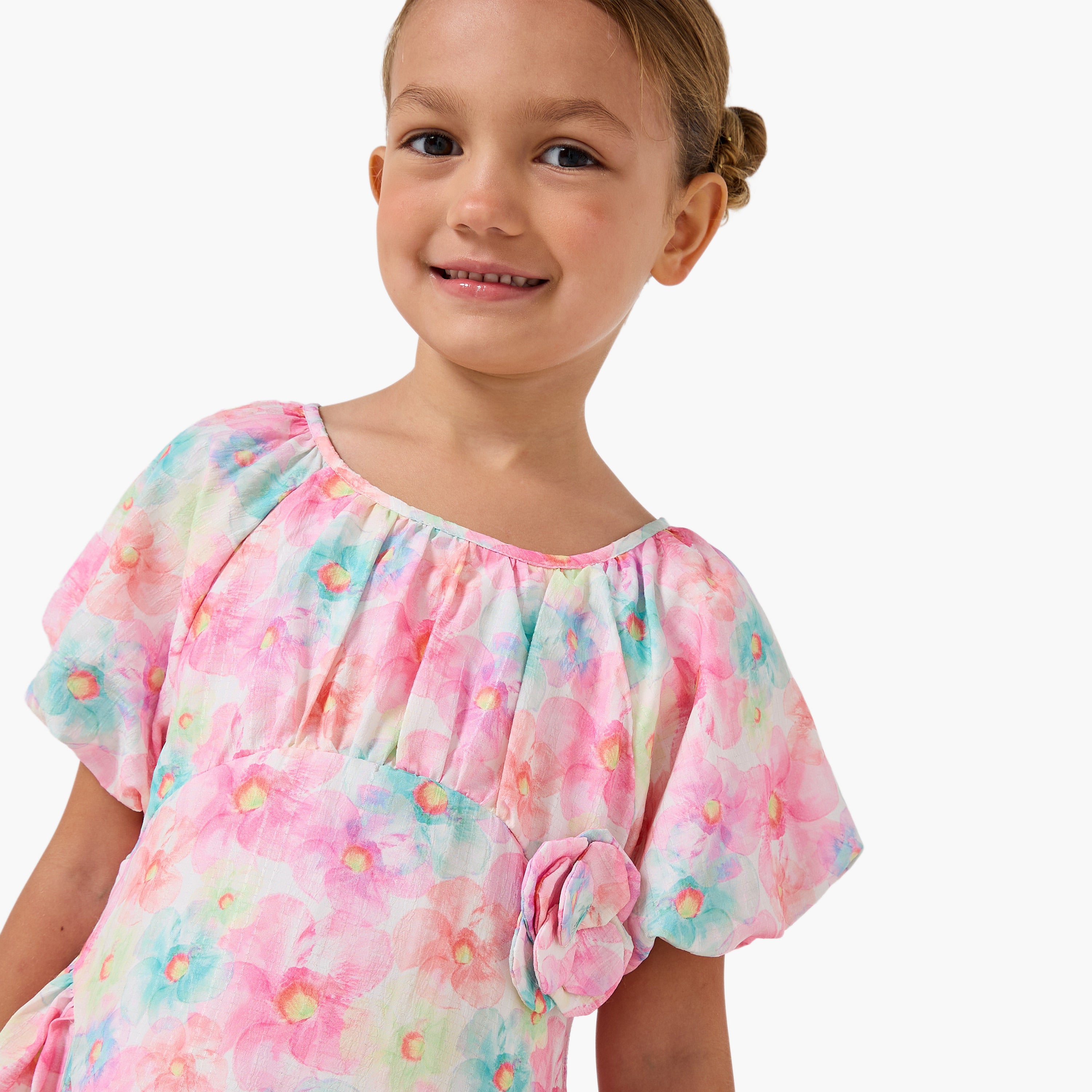 Juniors Round Neck Short Sleeves A-line Dress with Floral Print