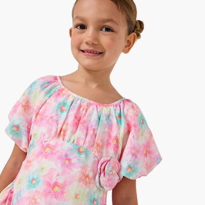 Juniors Round Neck Short Sleeves A-line Dress with Floral Print