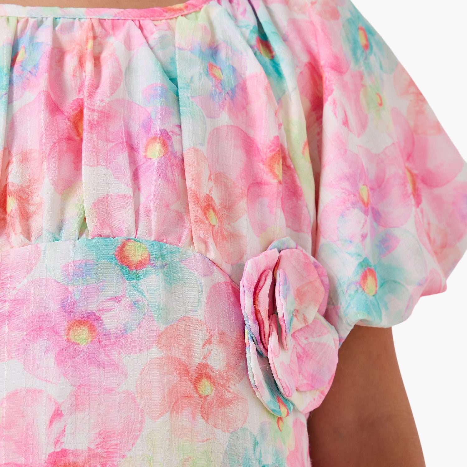 Juniors Round Neck Short Sleeves A-line Dress with Floral Print