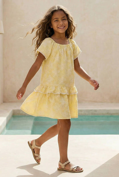 Juniors Square Neck Short Sleeves Knee Length Dress with Floral Print
