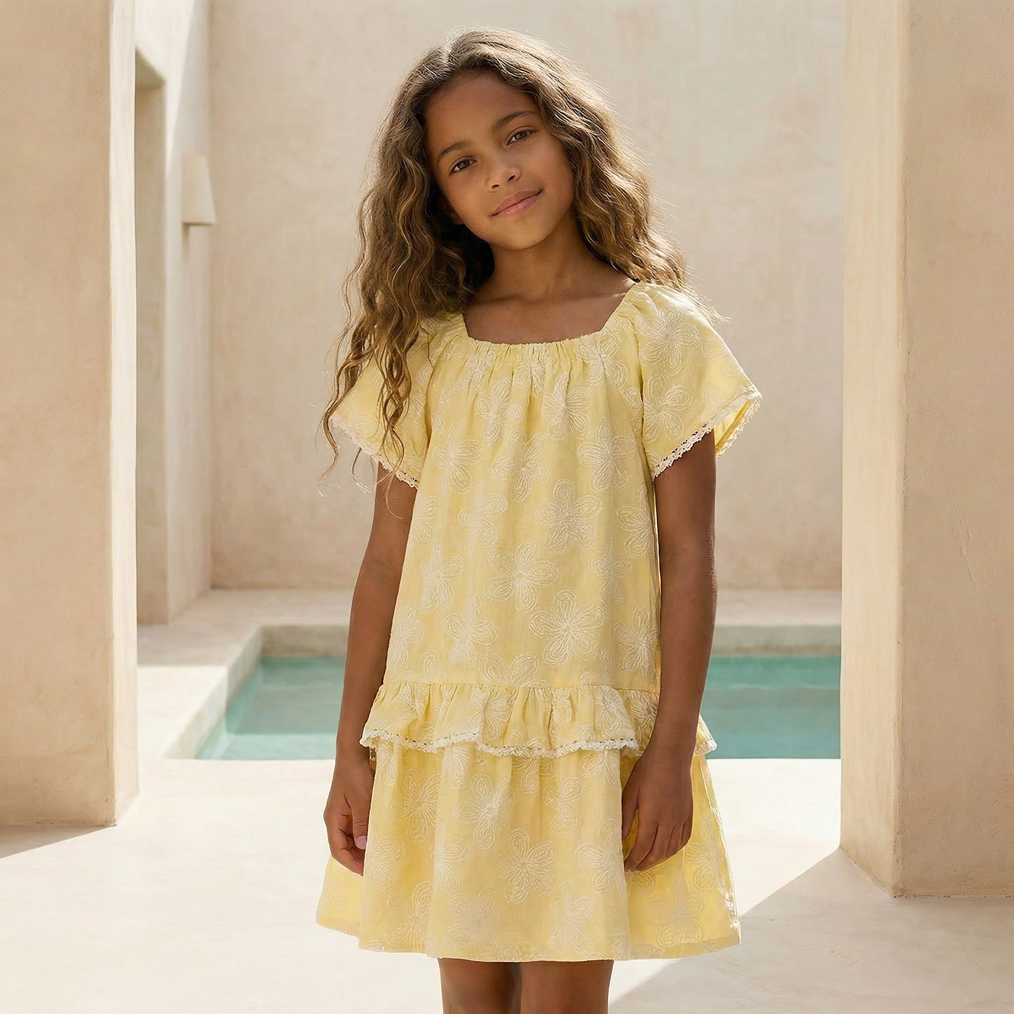Juniors Square Neck Short Sleeves Knee Length Dress with Floral Print