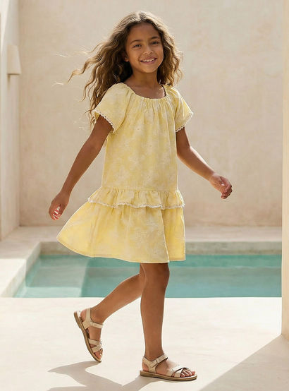 Juniors Square Neck Short Sleeves Knee Length Dress with Floral Print-girls-clothing-dressesandjumpsuits-image-1
