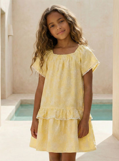 Juniors Square Neck Short Sleeves Knee Length Dress with Floral Print-girls-clothing-dressesandjumpsuits-image-2