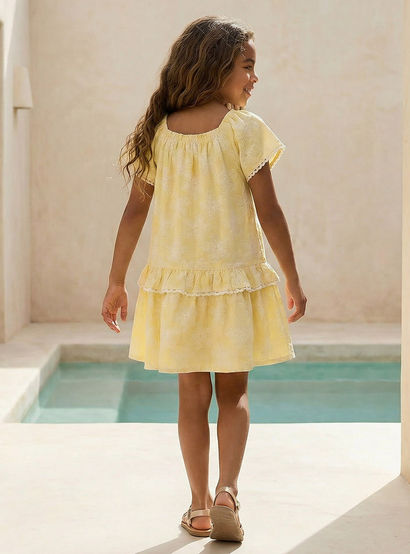 Juniors Square Neck Short Sleeves Knee Length Dress with Floral Print-girls-clothing-dressesandjumpsuits-image-3