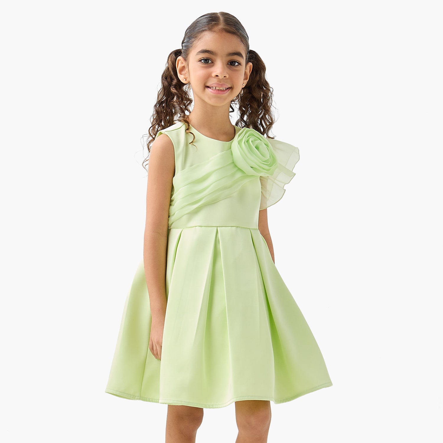 Juniors Round Neck Sleeveless Dress with Floral Accent - Green / 1-2 yrs