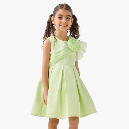 Juniors Round Neck Sleeveless Dress with Floral Accent - Green / 1-2 yrs