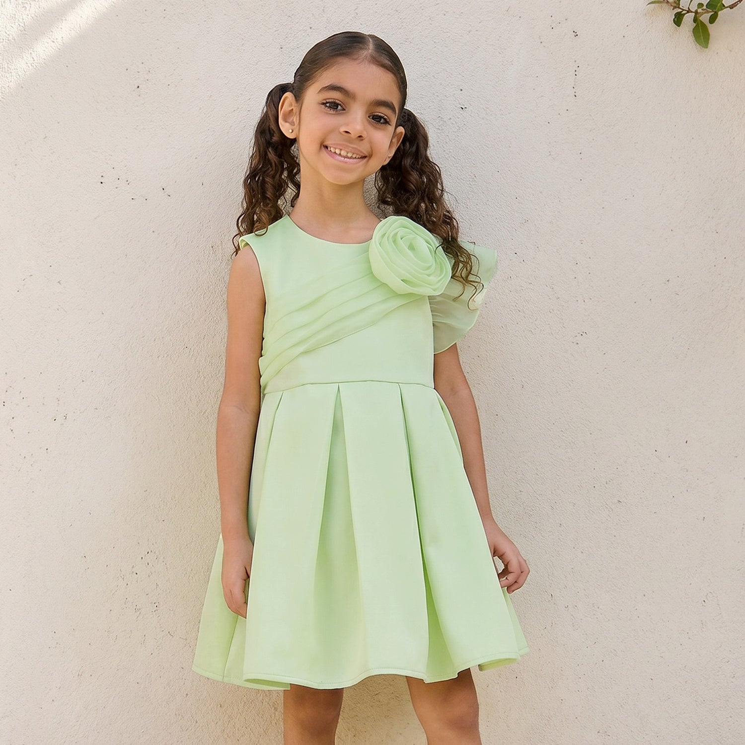 Juniors Round Neck Sleeveless Dress with Floral Accent - Green / 1-2 yrs