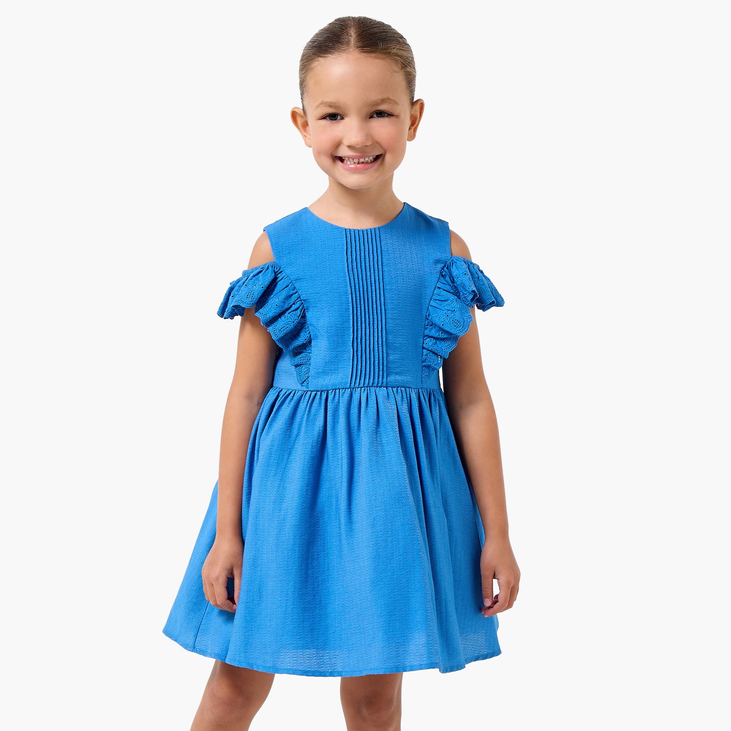 Juniors Round Neck Cold Shoulder Knee Length A-line Dress with Pleated Detail - Blue / 1-2 yrs
