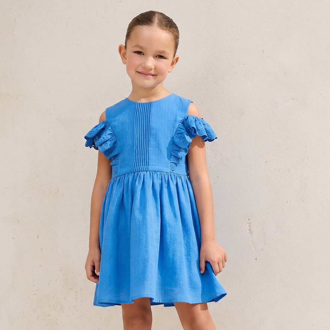 Juniors Round Neck Cold Shoulder Knee Length A-line Dress with Pleated Detail - Blue / 1-2 yrs