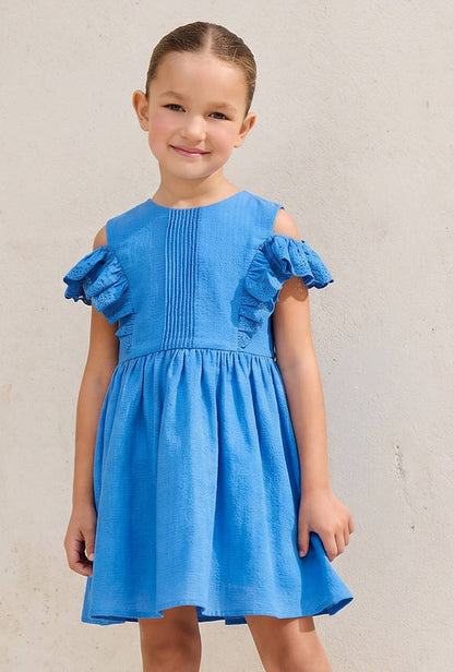 Juniors Round Neck Cold Shoulder Knee Length A-line Dress with Pleated Detail