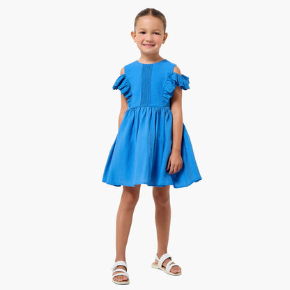 Juniors Round Neck Cold Shoulder Knee Length A-line Dress with Pleated Detail