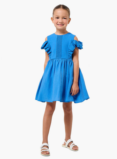 Juniors Round Neck Cold Shoulder Knee Length A-line Dress with Pleated Detail-girls-clothing-dressesandjumpsuits-image-2