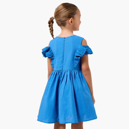 Juniors Round Neck Cold Shoulder Knee Length A-line Dress with Pleated Detail