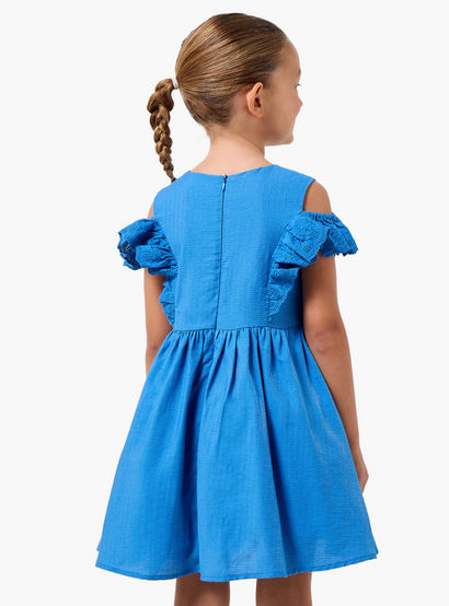 Juniors Round Neck Cold Shoulder Knee Length A-line Dress with Pleated Detail-girls-clothing-dressesandjumpsuits-image-3