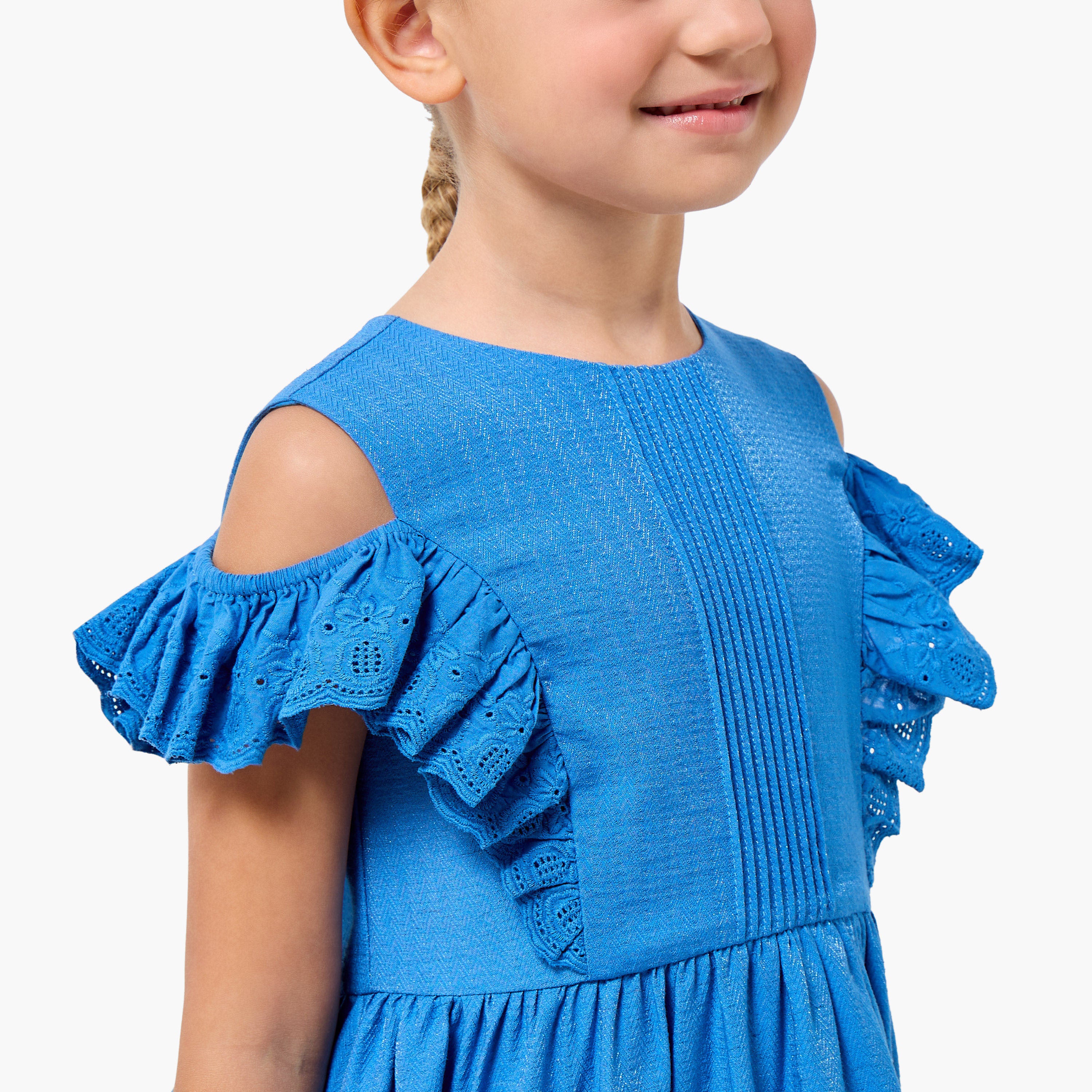 Juniors Round Neck Cold Shoulder Knee Length A-line Dress with Pleated Detail