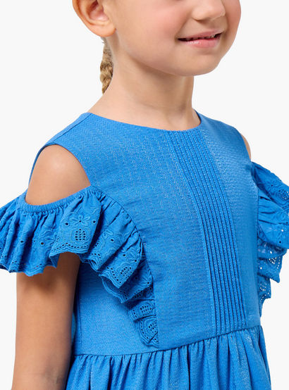 Juniors Round Neck Cold Shoulder Knee Length A-line Dress with Pleated Detail-girls-clothing-dressesandjumpsuits-image-4