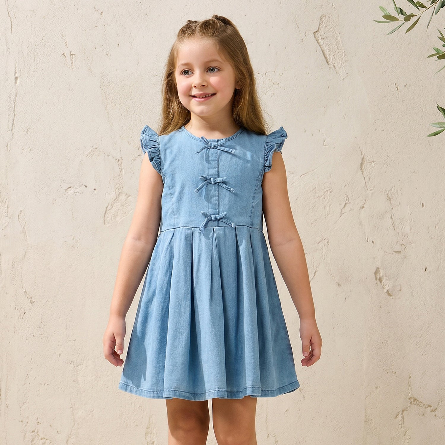 Juniors Round Neck Sleeveless A-line Denim Dress with Bow Detail - Blue / 4-5 yrs