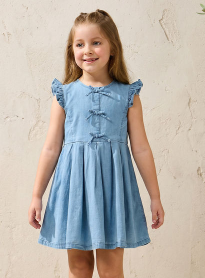 Juniors Round Neck Sleeveless A-line Denim Dress with Bow Detail-girls-clothing-dressesandjumpsuits-image-1
