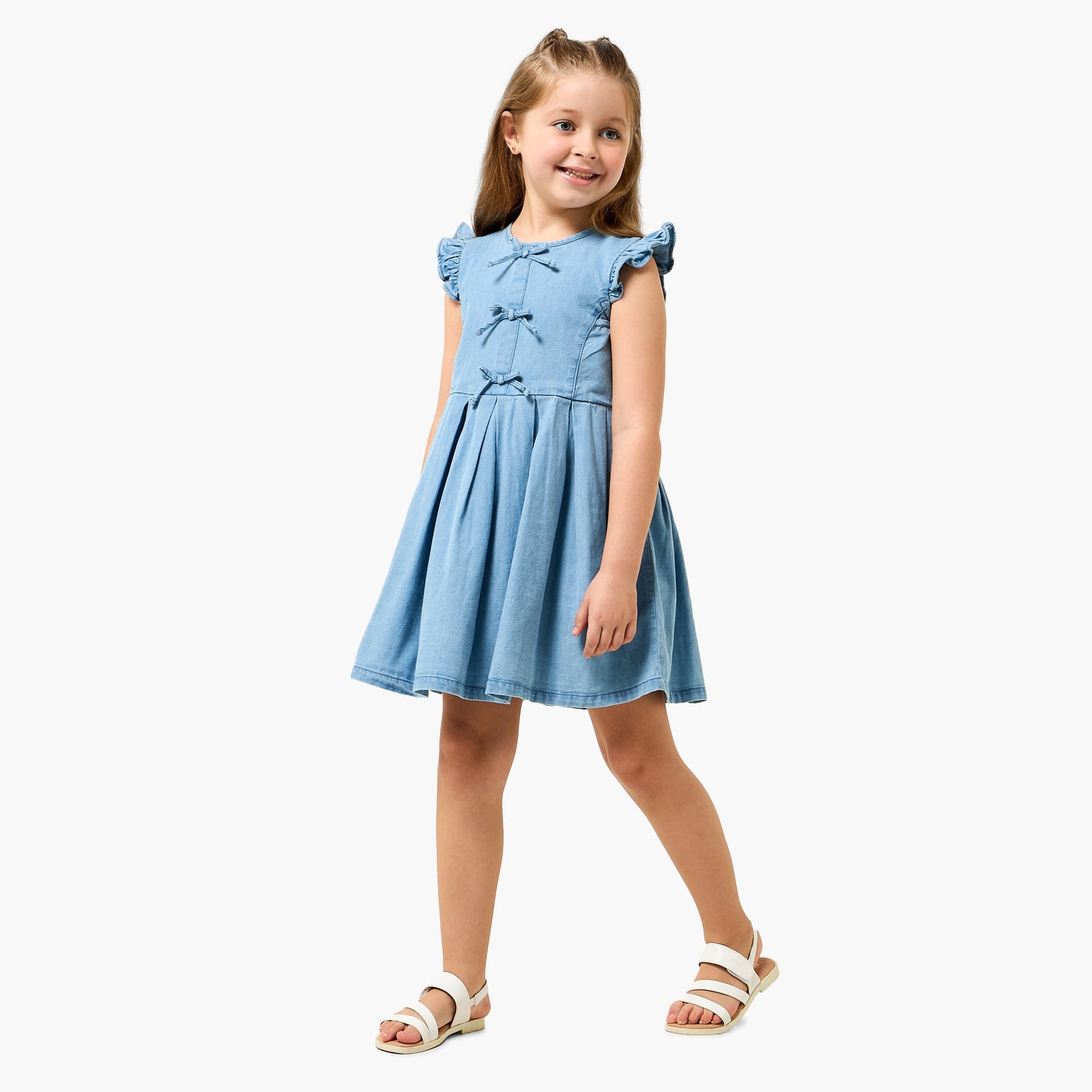 Juniors Round Neck Sleeveless A-line Denim Dress with Bow Detail