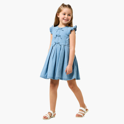 Juniors Round Neck Sleeveless A-line Denim Dress with Bow Detail