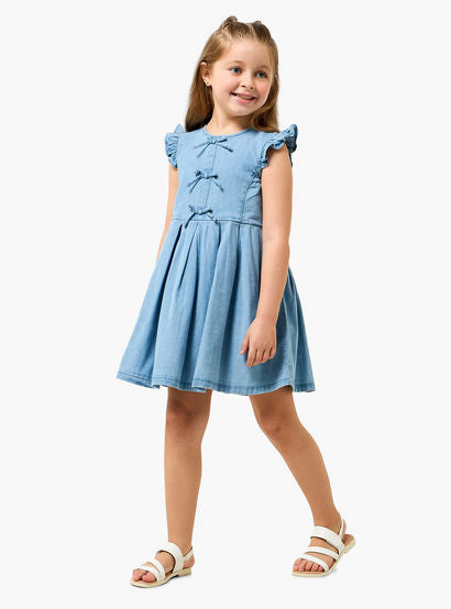 Juniors Round Neck Sleeveless A-line Denim Dress with Bow Detail-girls-clothing-dressesandjumpsuits-image-2