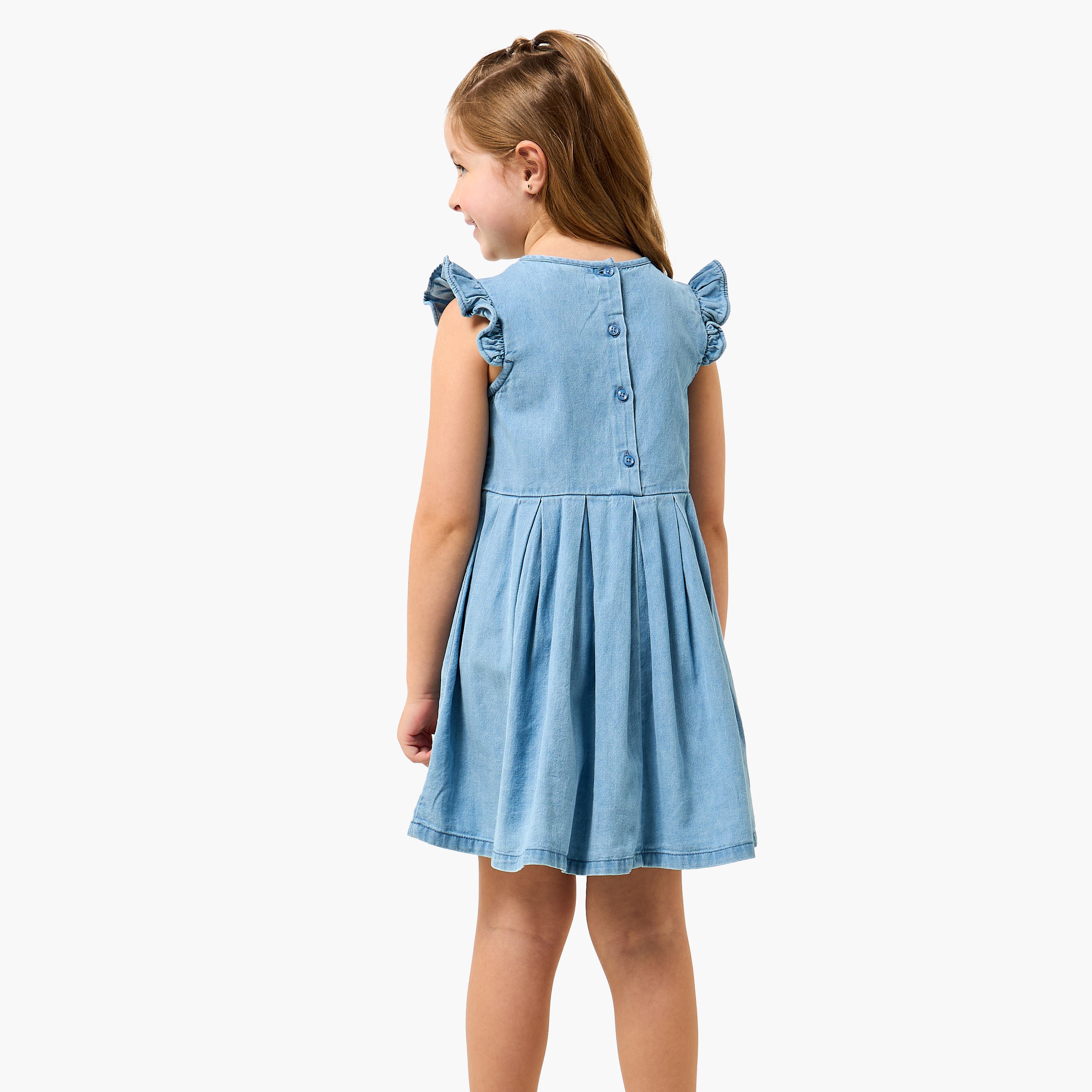 Juniors Round Neck Sleeveless A-line Denim Dress with Bow Detail