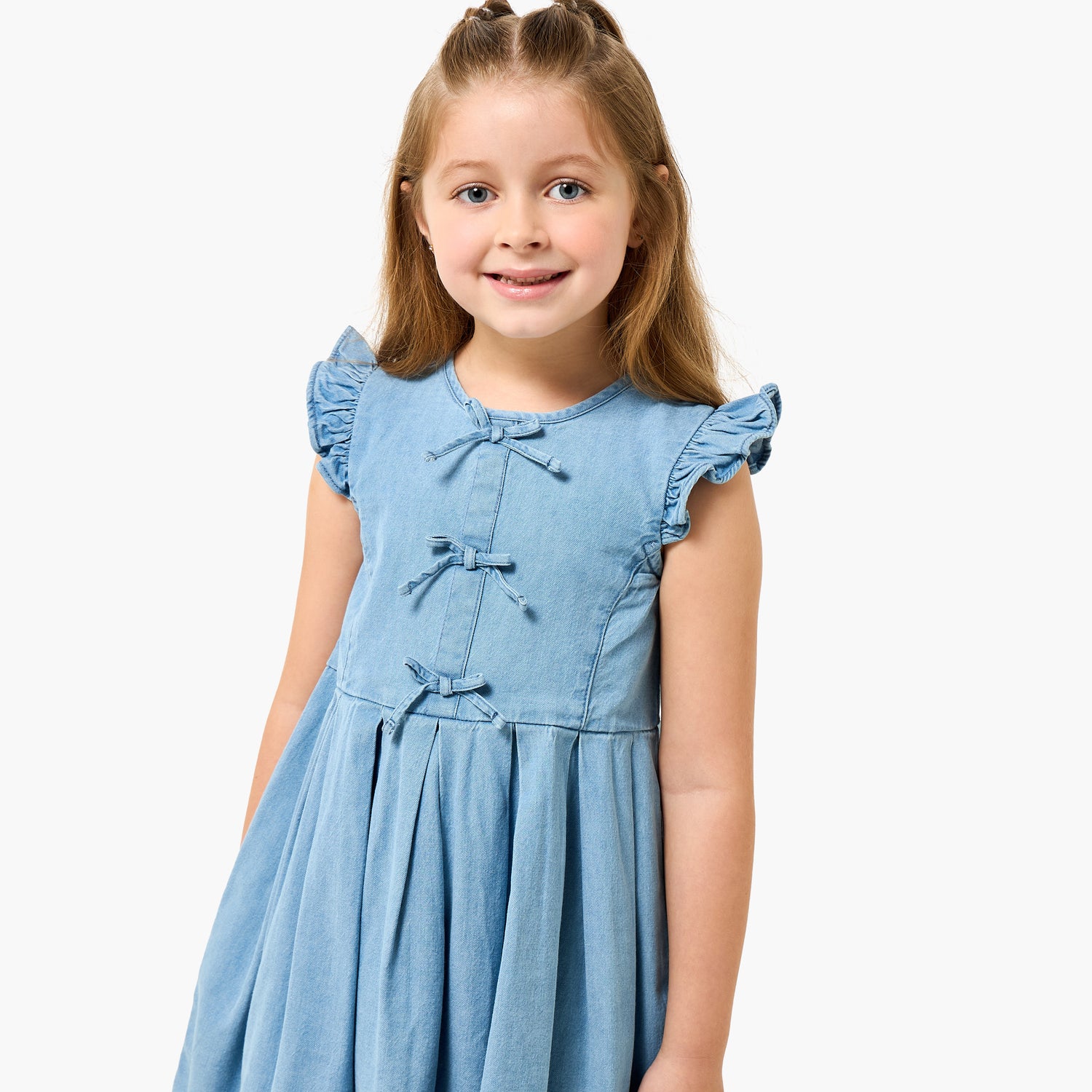 Juniors Round Neck Sleeveless A-line Denim Dress with Bow Detail
