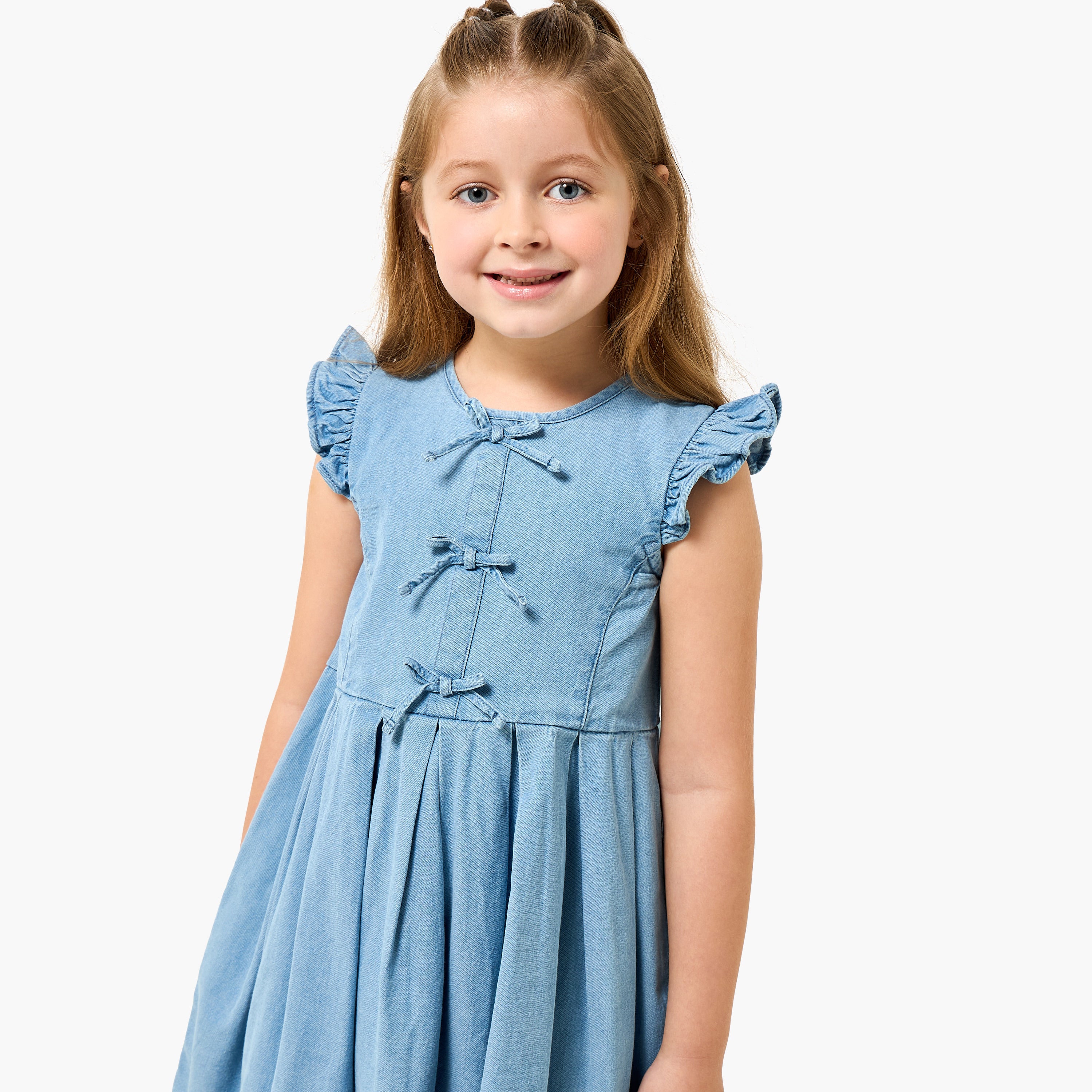 Juniors Round Neck Sleeveless A-line Denim Dress with Bow Detail
