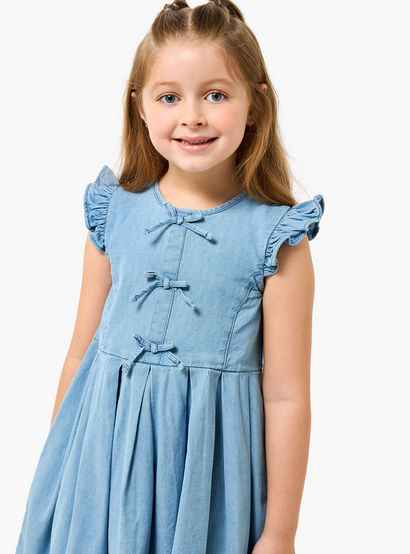 Juniors Round Neck Sleeveless A-line Denim Dress with Bow Detail-girls-clothing-dressesandjumpsuits-image-4
