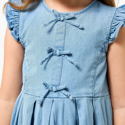 Juniors Round Neck Sleeveless A-line Denim Dress with Bow Detail
